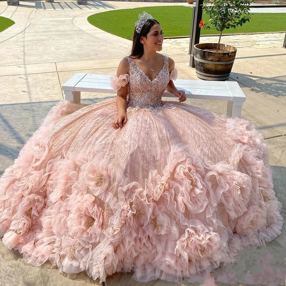 

Sparkling Pink Tulle Quinceanera Dress Ball Gown Beaded Floral Sweet 15 Princess Party Graduation Dress