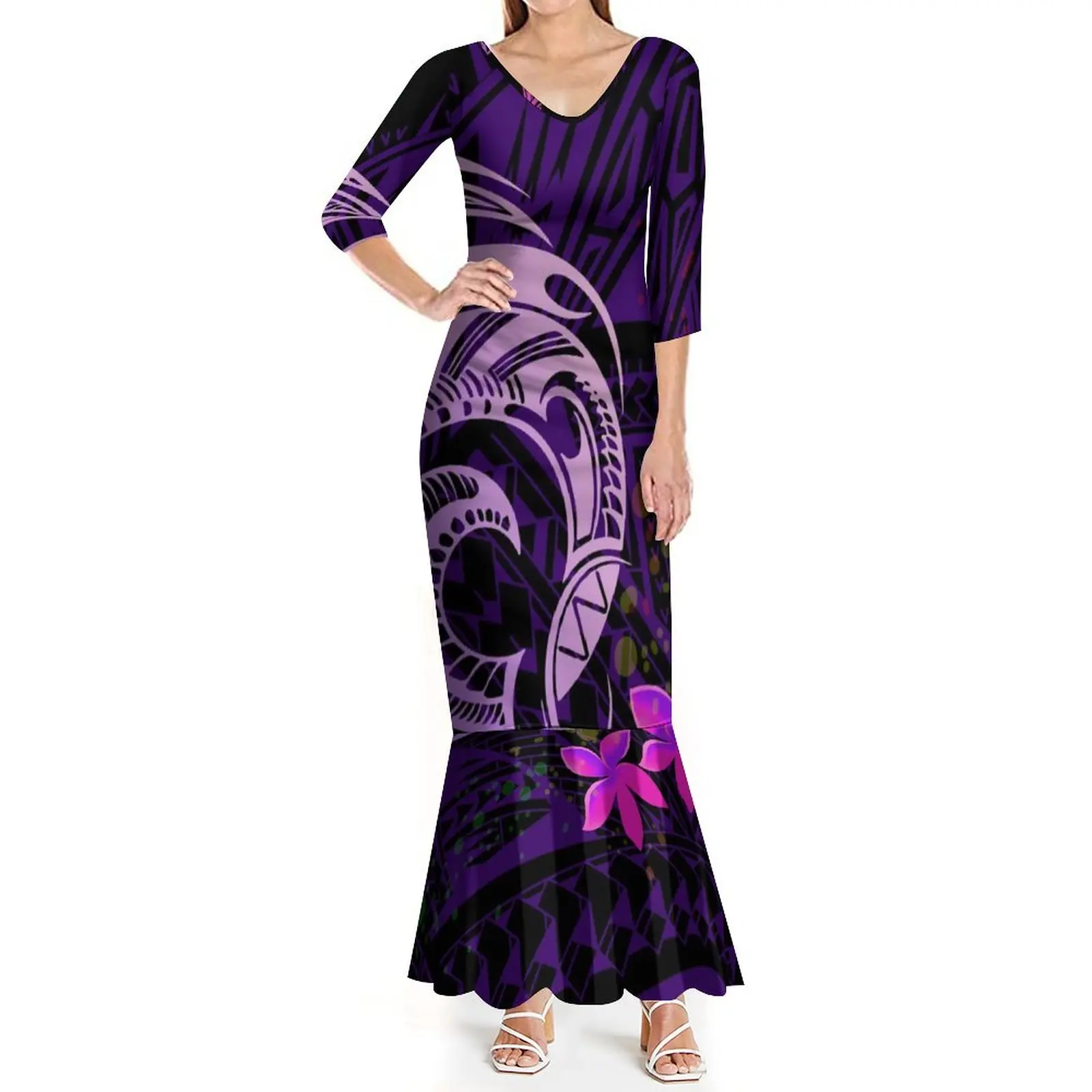 

Женское винтажное платье с V-образным вырезом, пышная юбка с фланцевым подолом и рукавом средней длины