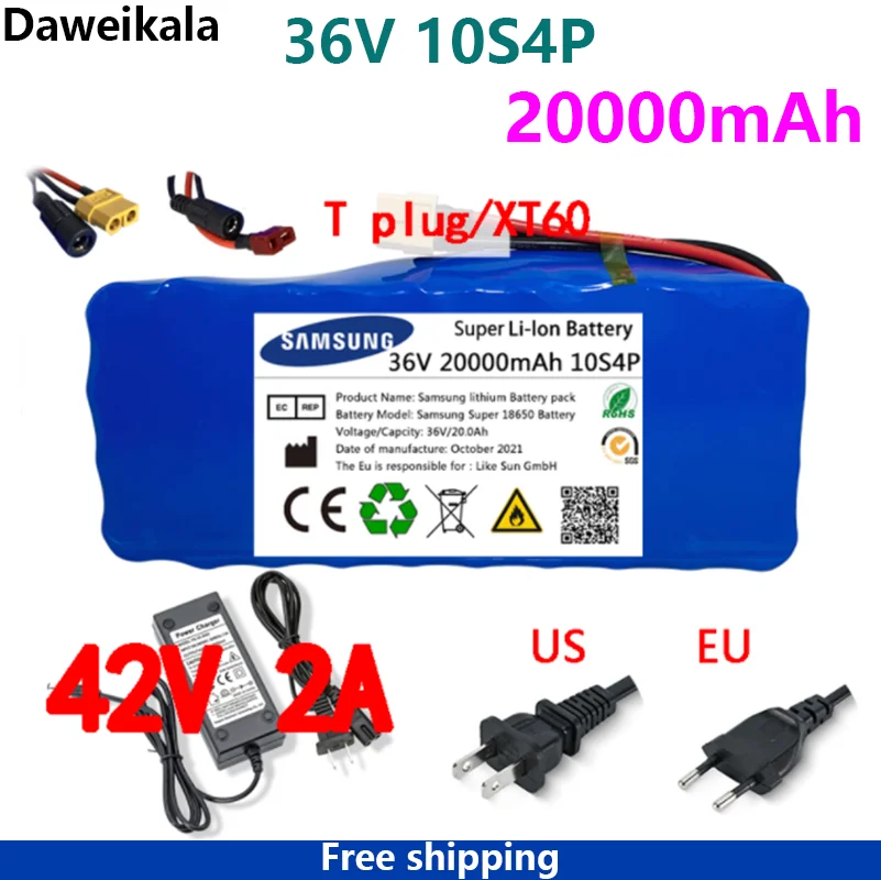 

New100% Original 36V battery 10S4P 20Ah battery pack 500W high power battery 42V 20000mAh Ebike electric bike BMS+42V2A Charger