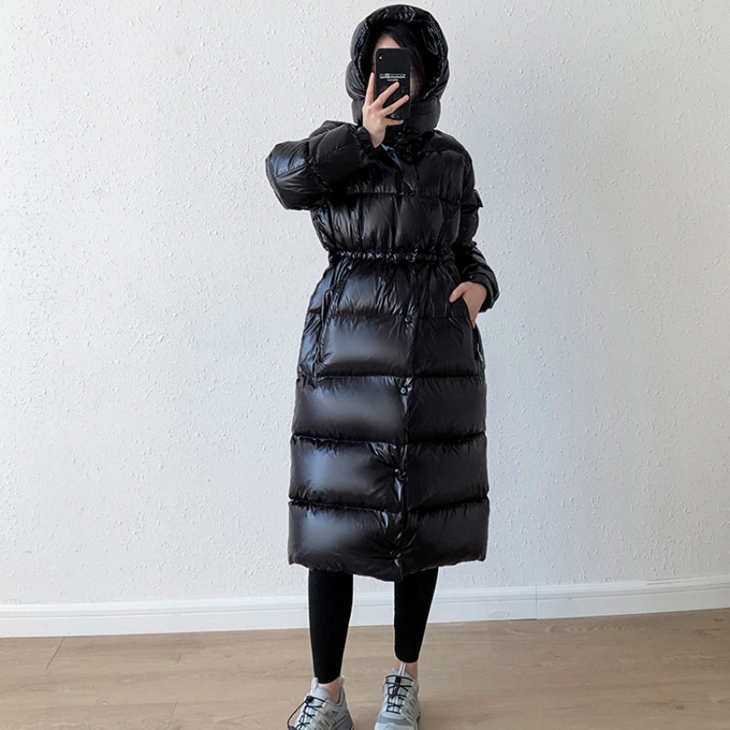 damska kurtka zimowa długie płaszcze puchowe błyszczące dorywczo wąska talia kurtki zagęszczony wiatroszczelny kaptur śniegowe damskie