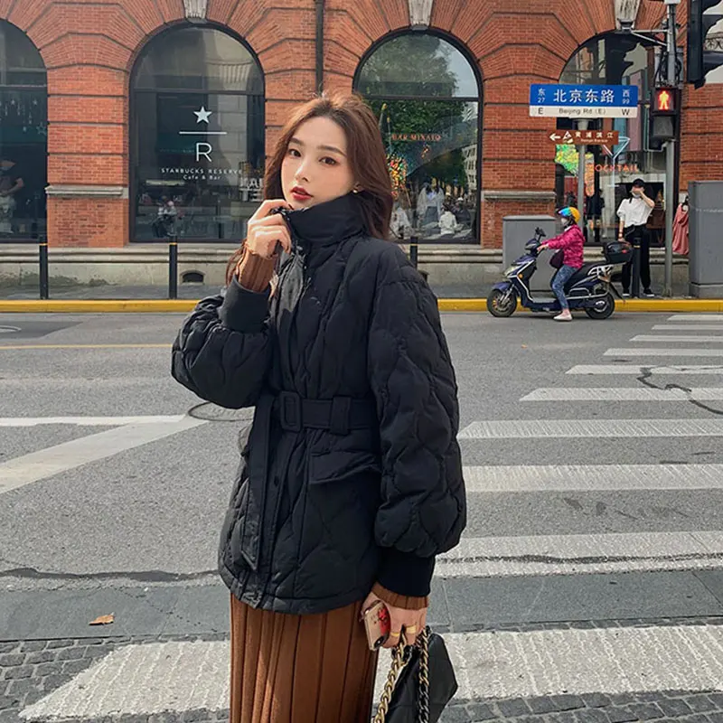 Autumn Winter New Stand Collar Solid Casual Velvet Overcoat Women's Fashion Short Lightweight Waist Tie Warm Down Jackets Coats