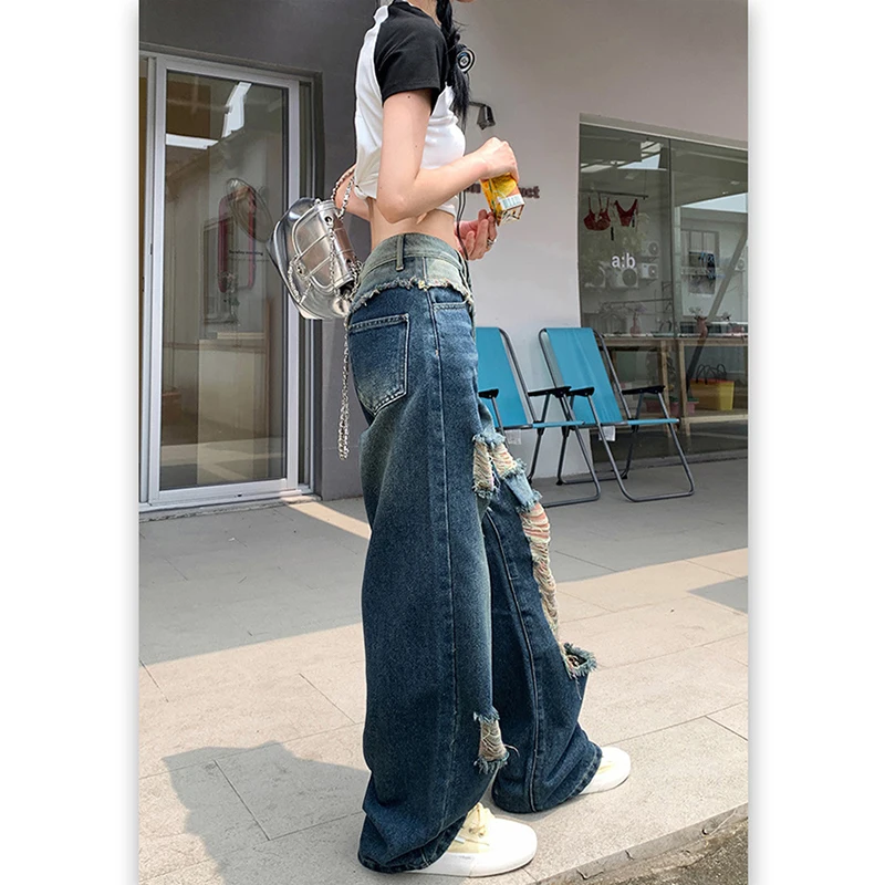 Jeans Women's Blue Commuter Pants Summer High Waist Perforated Pants with Ragged Edges Straight Leg Wide Leg Pants