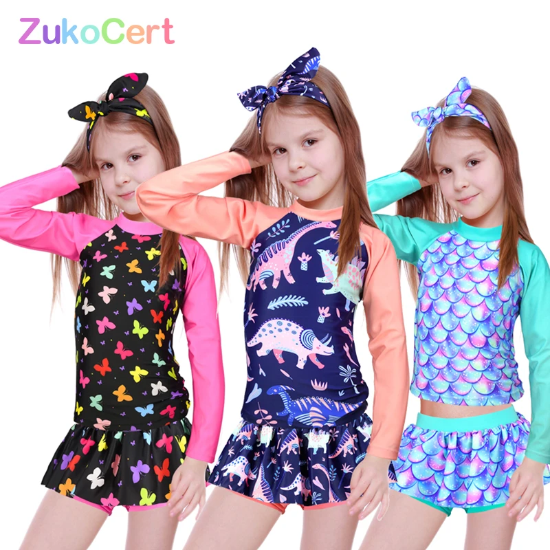 

Swimwear Girls dinosaur print Sun Protection Rash Guard Set Kids Girls 2~8 Year Beachwear Long Sleeve Swimsuit Bathing Suits kid