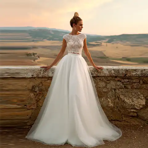 Two Pieces Wedding Dress for Women Bride Cap Sleeve Button Back Bridal Gowns A Line Boho Tulle Custom Made Vestidos De Novia
