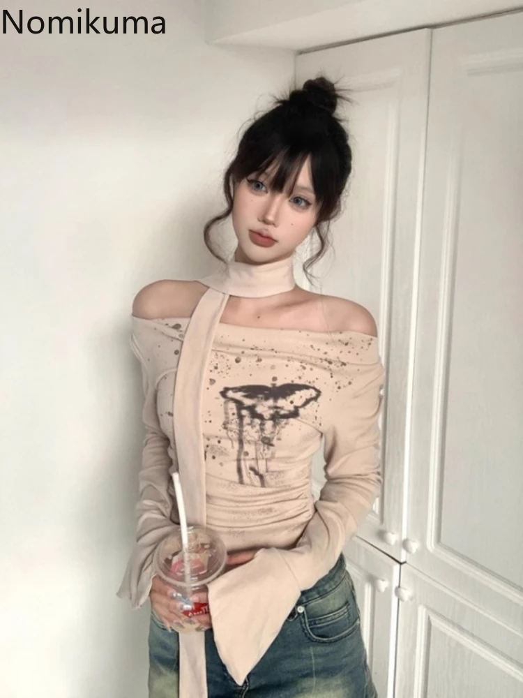 Женские летние футболки Y2k с длинным рукавом и вырезом лодочкой необычные