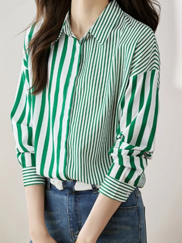 Женская шифоновая блузка EVNISI в зеленую полоску с принтом воротник-поло шикарная