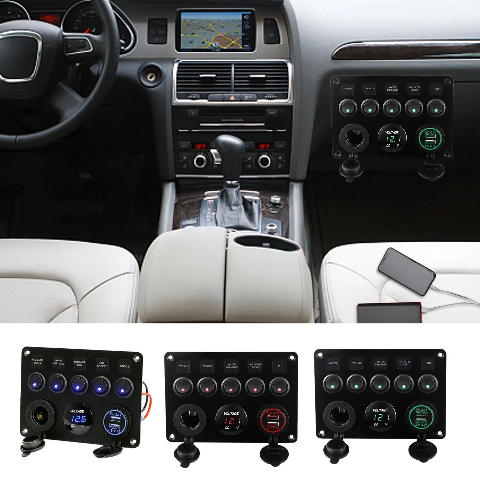 

Boat Switch Panel Car Switch Panel Waterproof Digital USB Voltmeter Port 12V Dual Gang Outlet 5 Combination Marine Rocker L Q9B5