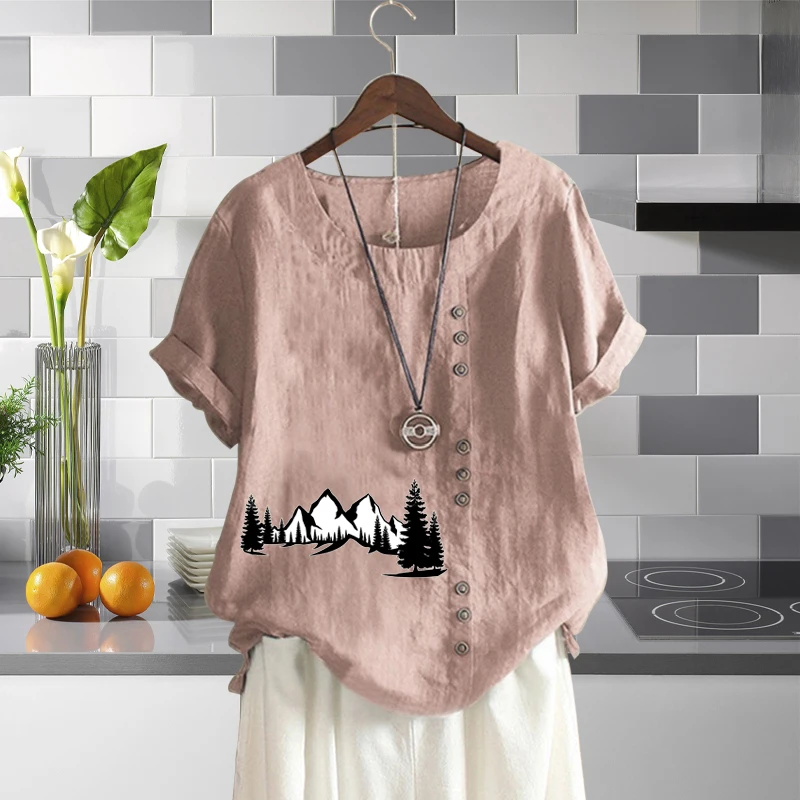 

2022 New Summer Ladies Tops Creative Mountain Tree Printed Loose T-Shirt Linen Round Neck Solid Color Short Sleeve Blouse XS-5XL