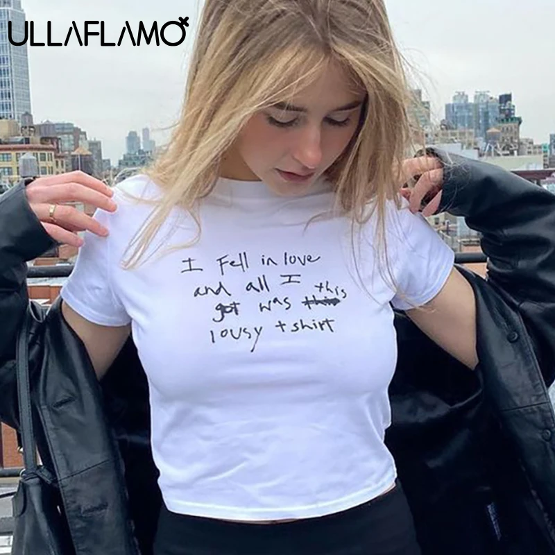 

White Letter Print Baisc Tee-Shirt Women Clothes Crew Neck Short Sleeve Slim T-Shirt Crop Top Casual Female T Shirt Female Top