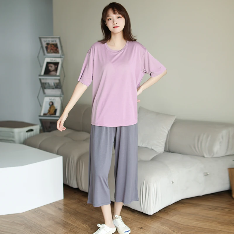 Ice Silk Nightwears for Ladies Chest Pad Women's Home Clothes Sets Crew Neck Sleepwear Women's Pajamas Free Shipping Puller Thin