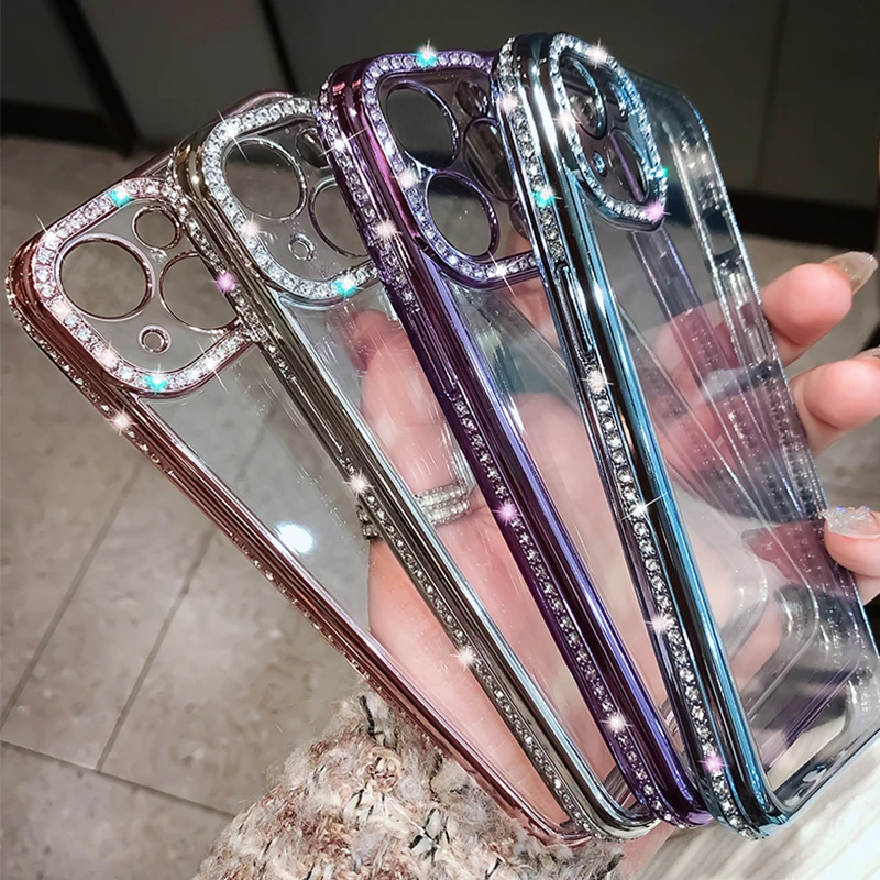 

Luxury Plating Glitter Diamond Transparent Case for iPhone 13 11 12 Pro Max Girl Female Soft Silicone Clear Shockproof Cover