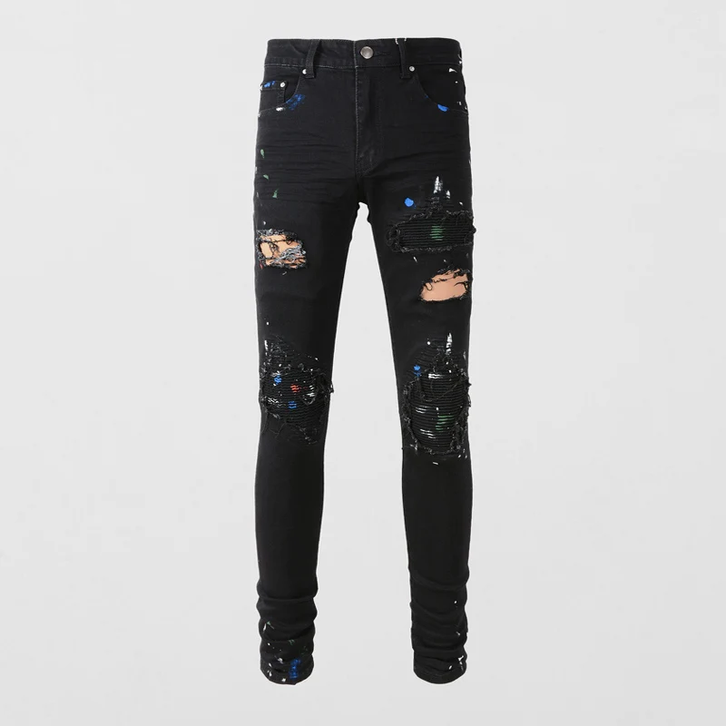 Street Fashion Men Jeans Retro Light Blue Elastic Slim Fit Painted Ripped Jeans Men Patched Designer Hip Hop Brand Pants Hombre