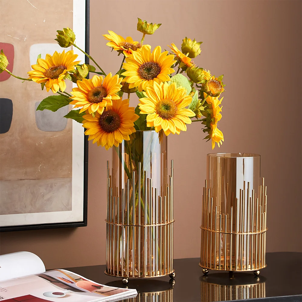 

Glass Gold Vase Home Decor Accessories Metal Flower Vase Modern Office Table for Interior Decoration Candle Holder Wedding Decor