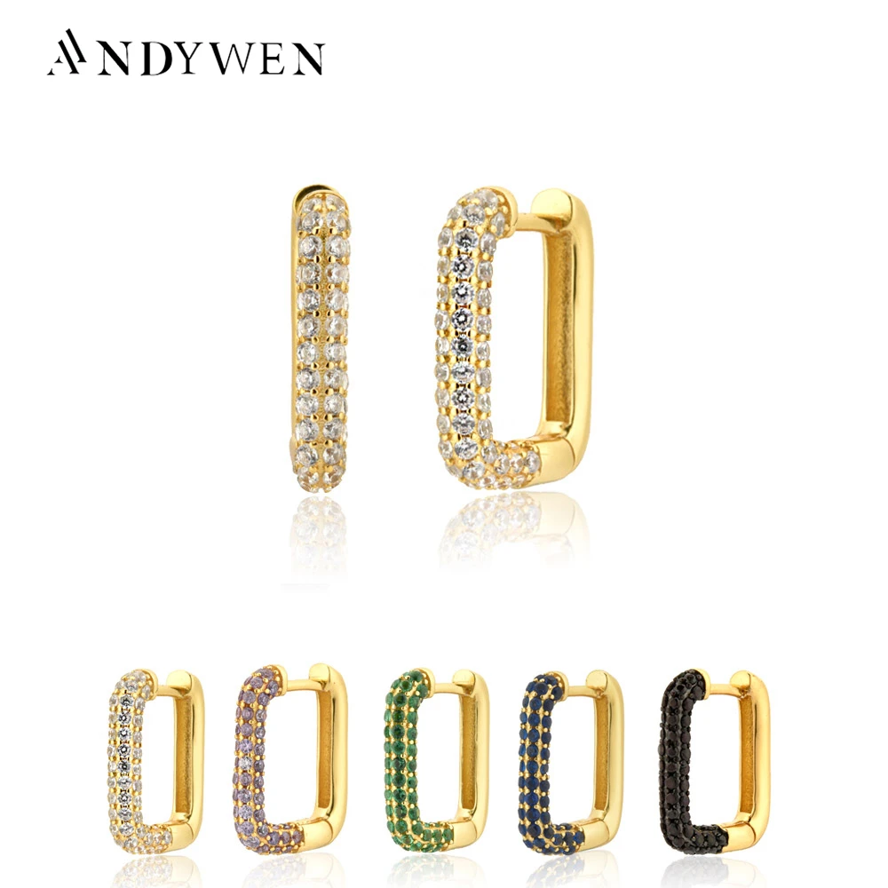 ANDYWEN-Pendientes cuadrados de plata de ley 925, aros con cristales incrustados de circonia transparente con diseño de lujo, disponible en varios colores