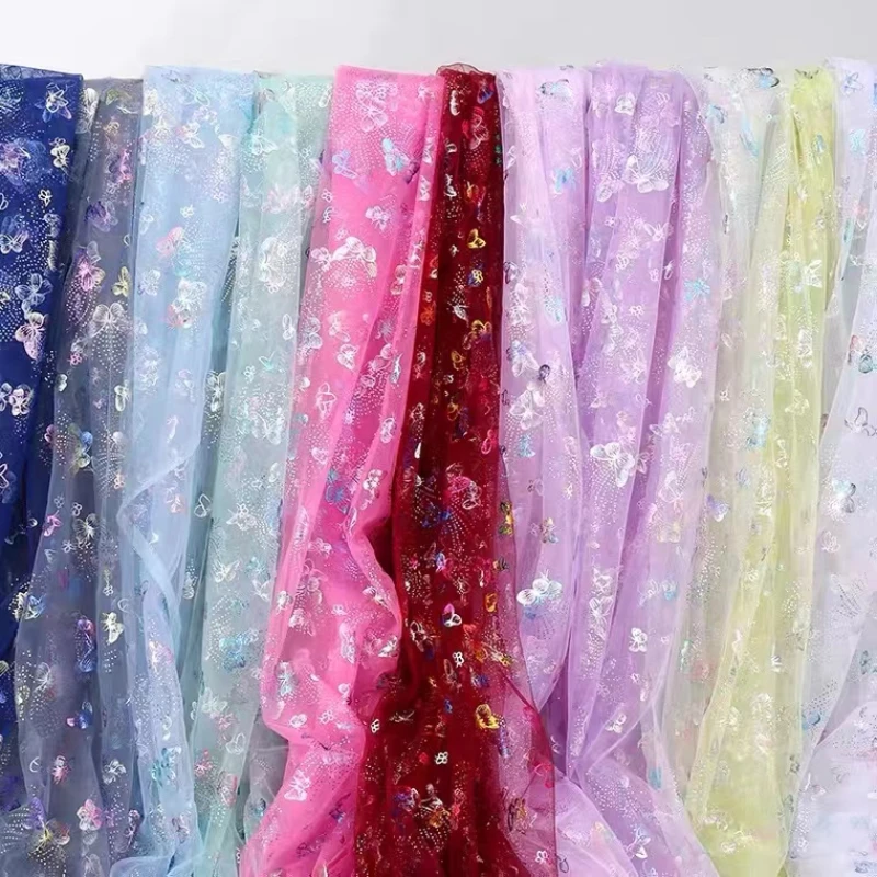 1Meter Colorful Butterfly Printed Tulle Organza Mesh Fabric DIY Handmade Baby Girl Dress Skirt Headband Garment Sewing Material