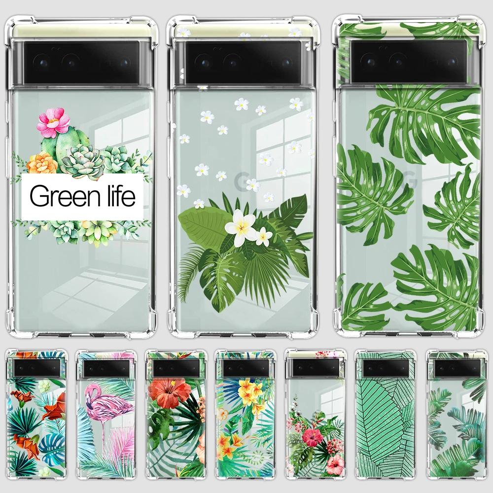 

luxury brand flamingo leaves Four-corner anti-fall mobile phone case for pixel 6 6PRO TPU transparent soft shell green life