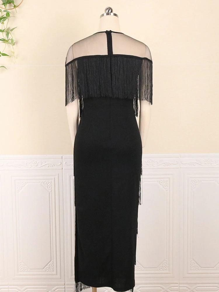 2022 Plus Size Elegant Tassel Long Dresses Bodycon Tulle Patchwork Curvy Women Clothes Birthday Evening Party Event Gowns Dress
