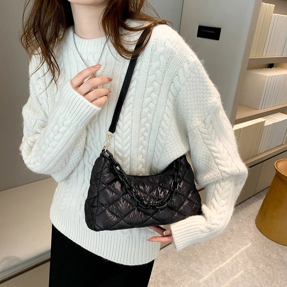 

Стеганая сумка на плечо с хлопковой подкладкой, женская сумка на цепочке для работы, однотонная зимняя нейлоновая модная повседневная унив...