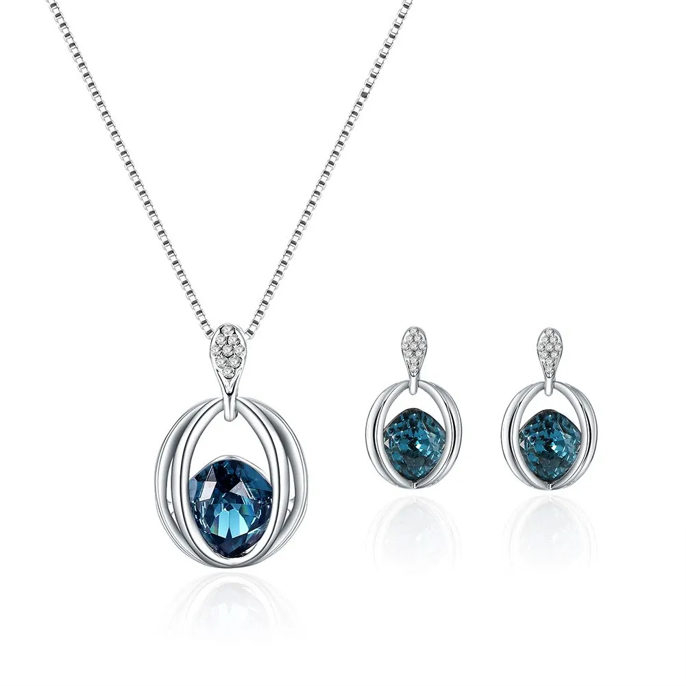 

925 Sterling Siver Green Crystal Pendant Necklace Earrings Jewelry Set For Women Girls Wedding Engagement Fashion Jewelry