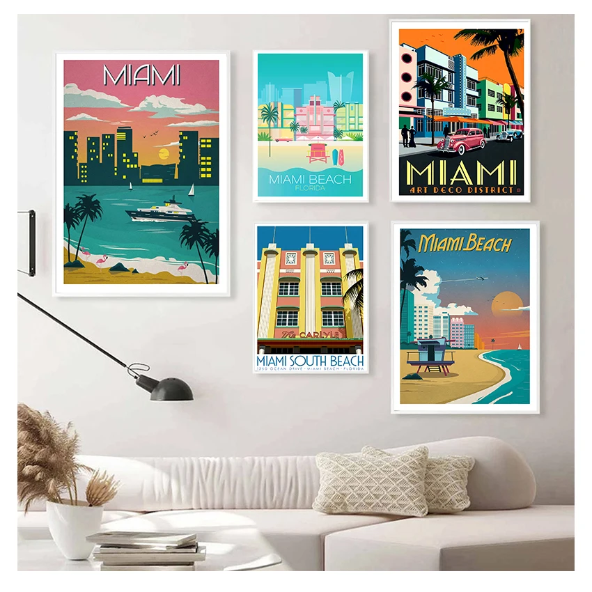 

Vintage Wall Kraft Posters Coated Wall Stickers Home Decor Pictures Vintage Florida Miami Beach America Travel Canvas Paintings