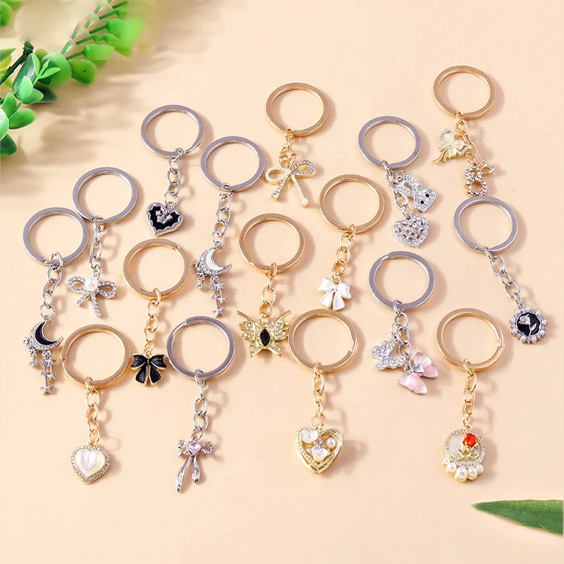 

Cute Exquisite Pearl Crystal Keychains Heart Moon Bowknot Butterfly Rabbit Frog Key Rings DIY Handmade Jewelry Gifts
