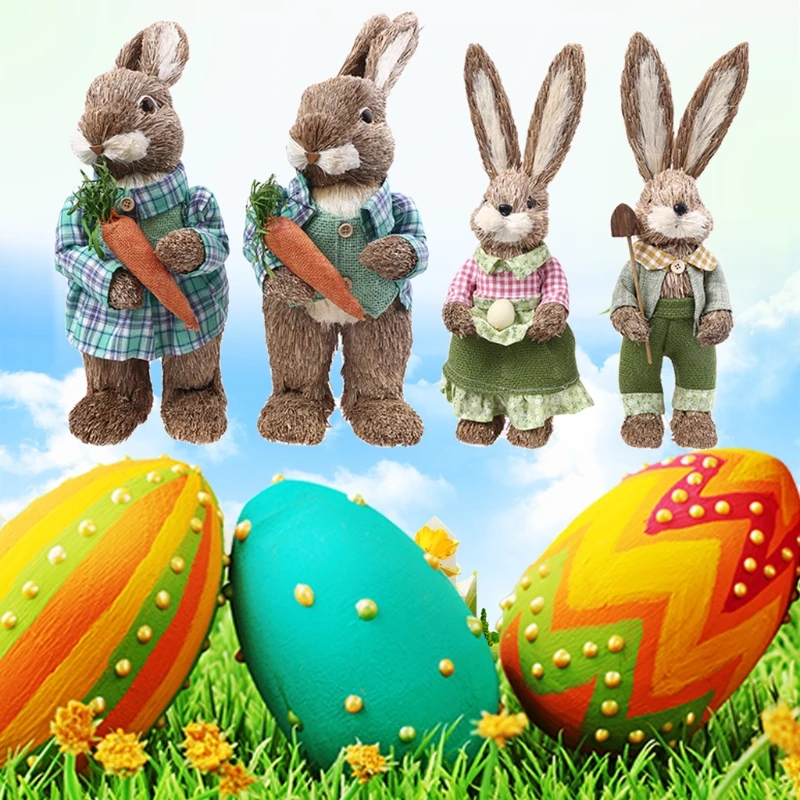 

KX4B 2pcs Straw Rabbits Bunny Decorations Easter Party Home Garden Wedding Ornament Photo Props Crafts