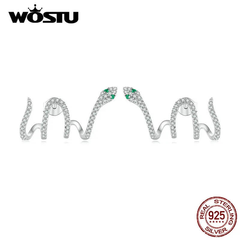

WOSTU 925 Sterling Silver Women Snake Stud Earrings Multi-layer Earring Green Crystal Zircon Studs Unique Design Wedding Jewelry