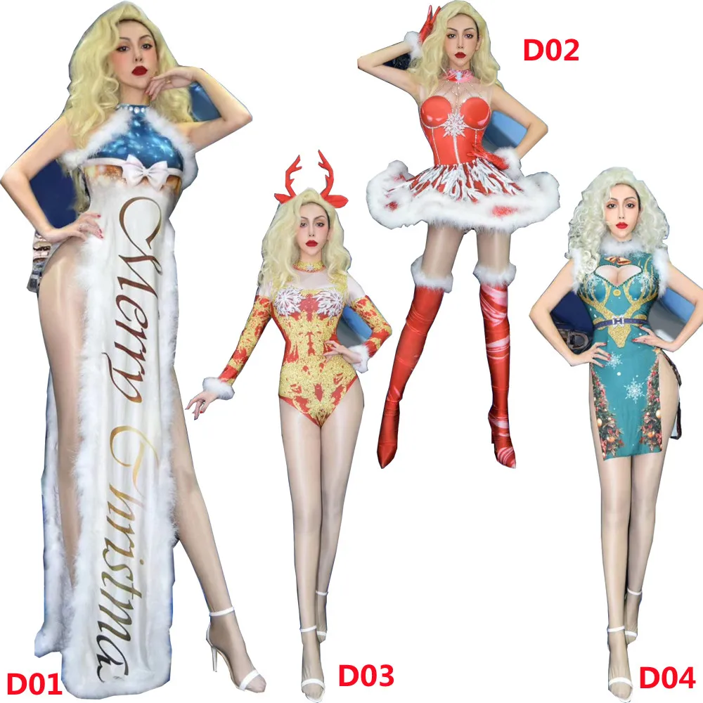 

Fashion Sexy Merry Christmas Women Cosplay Dress Letter Feathers Stage Costume Party Rave Festival Drag Queen Clothing