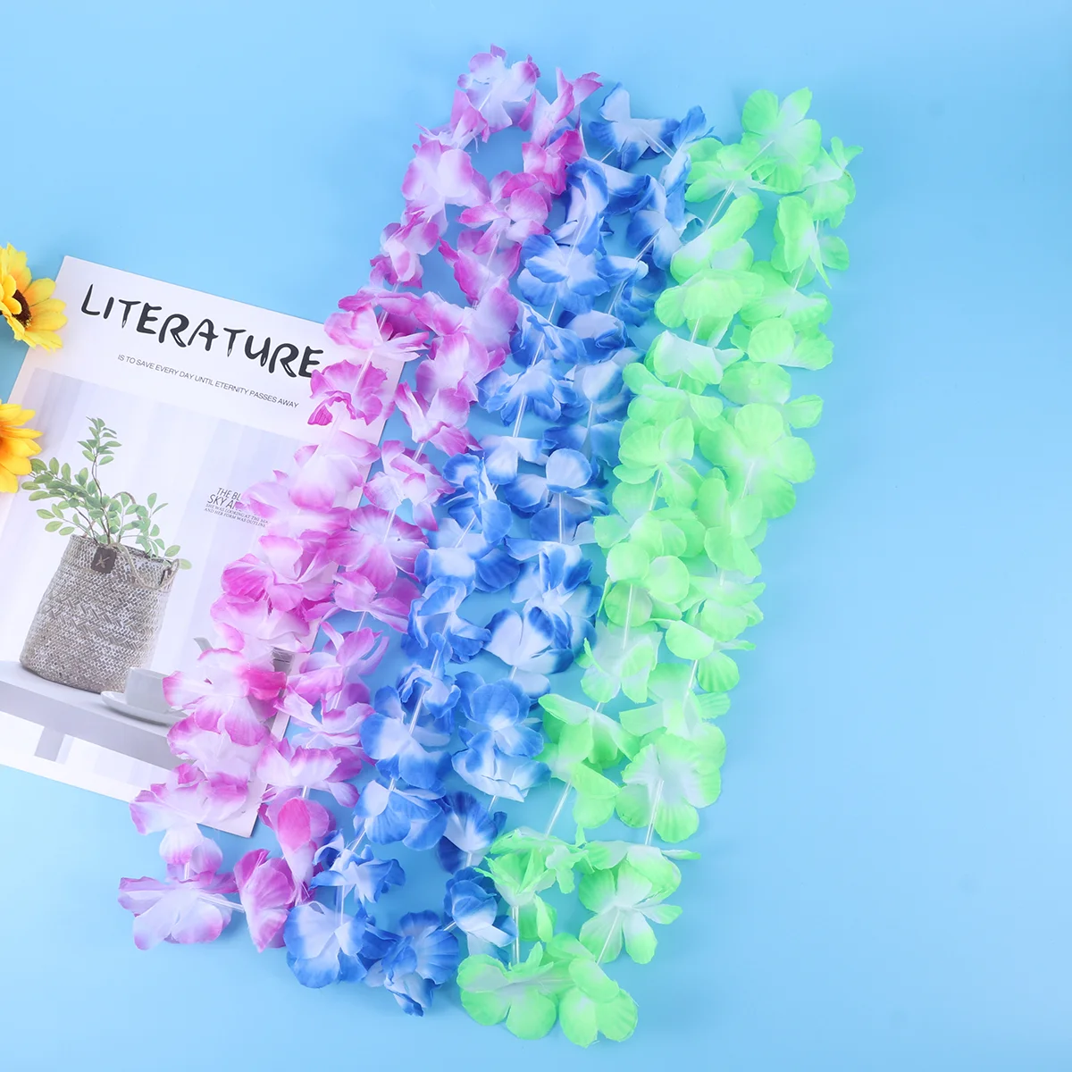 12pcs Hawaii Flower Garland Necklace for Festival Luau Beach Party (Purple + Blue Pink Green Yellow )