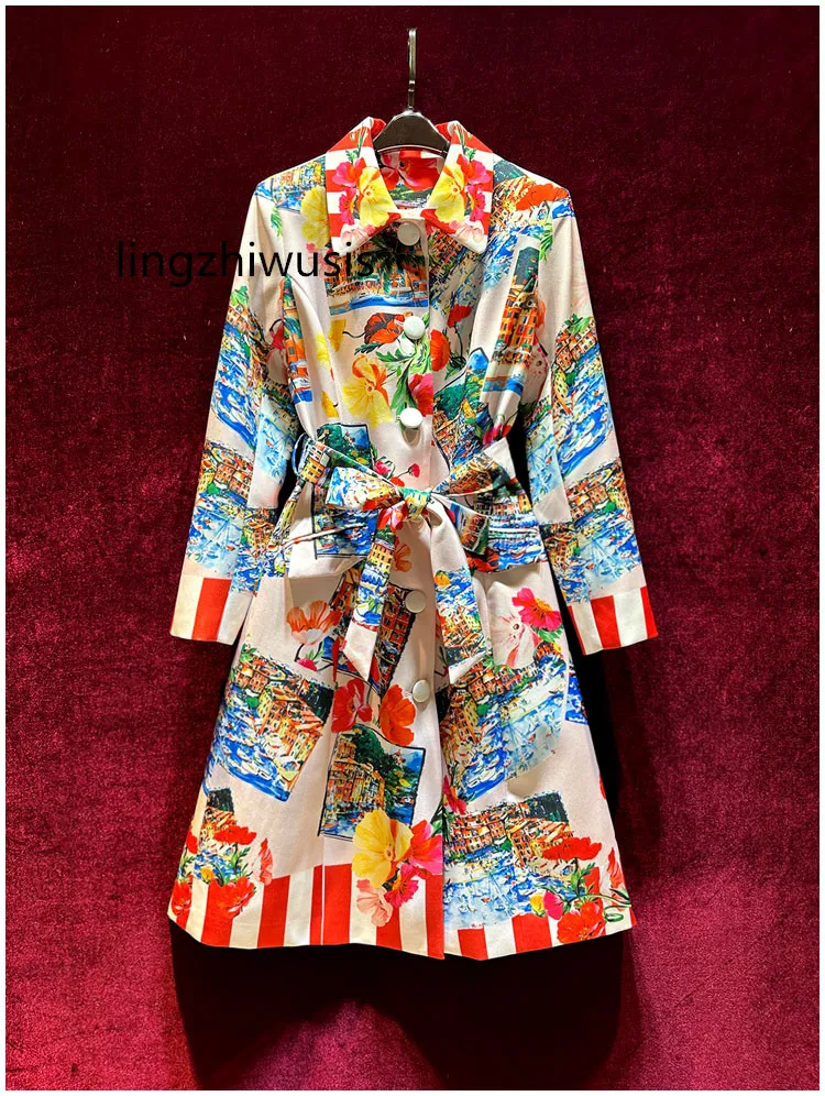 

Women Print Trench Coat French Vintage Designer Slim Waist Belt Luxury Medium Length Outerwear Female 2023 Autumn New Arrive