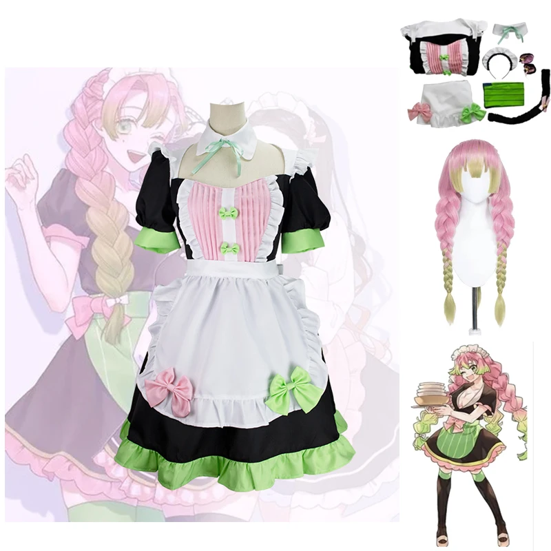 

Anime Demon Slayer Kanroji Mitsuri Maid Outfit Cosplay Costume Sexy Lolita Dress Braid Wig Kimetsu No Yaiba Love Hashira Uniform