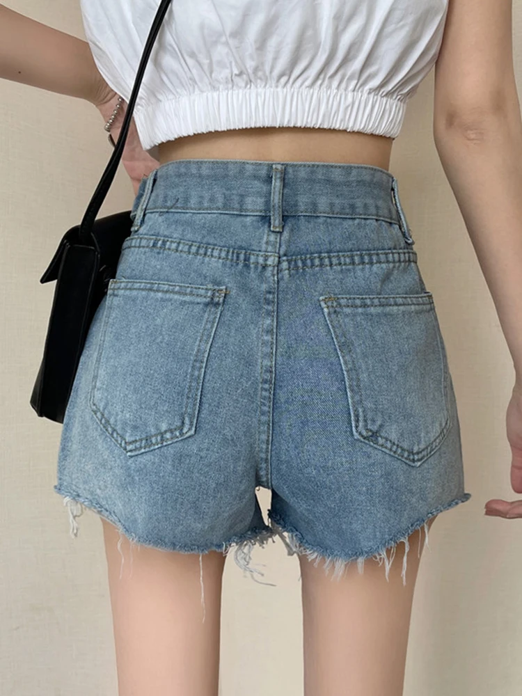 New Spring Summer Women Asymmetrical High Waist Blue Denim Shorts Streetwear Female Raw Hem Loose Jeans Shorts Bottoms