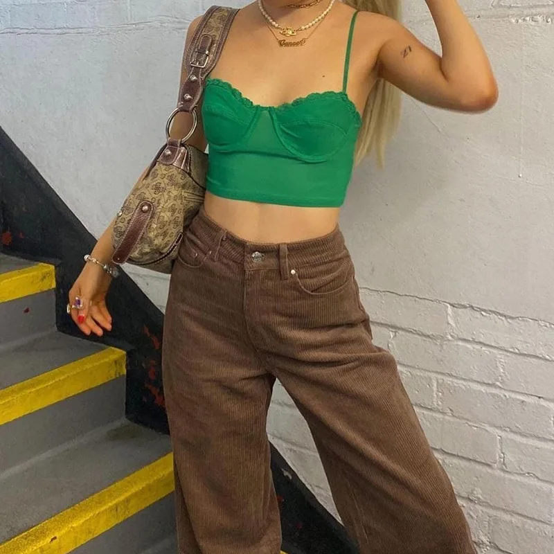 

Patchwork Lace Green Crop Top Summer V Neck Sexy Sleeveless Cami Tops Tees 90s Backless Spaghetti Strap Top 2022