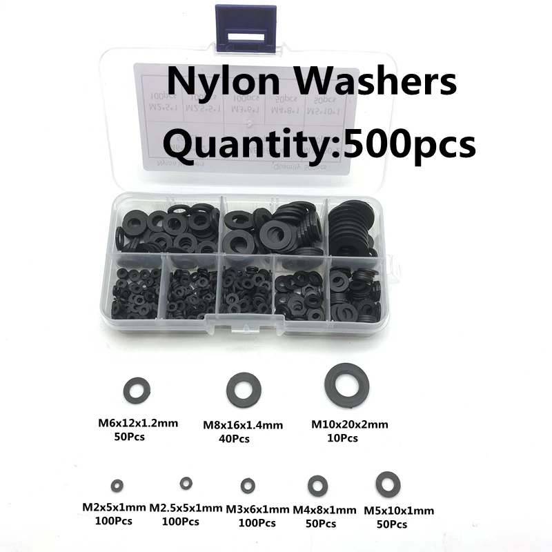 

500pcs/Box Nylon Gasket M2 M3 M4 M5 M6 M8 M10 Round Hard Screw Washer Screw Fastener Washer Thicken Insulated Nylon Flat Washers
