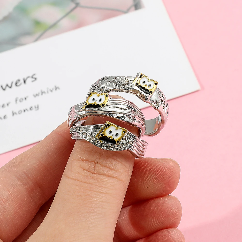 

SpongeBob SquarePants Silver Color Rings Anime Figure Open Adjustable Ring Vintage Accessories Jewelry Gifts for Friends