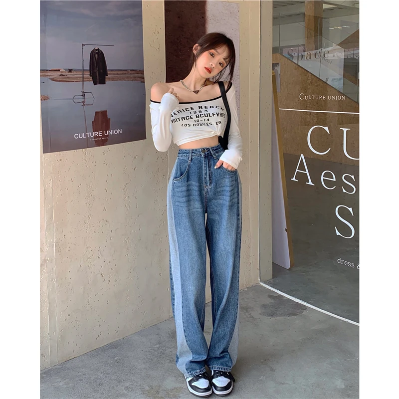 

SuperAen 2022 Spring/Autumn High Waist Jeans Loose Thin Contrast Color Casual Denim Wide Leg Pants Women