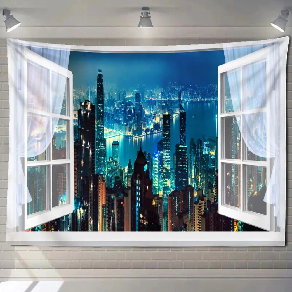 

Urban Night Scene Imitation Window Forest Landscape Painting Tapestry Wall Hanging Bohemian Style Psychedelic Mandala Home Decor