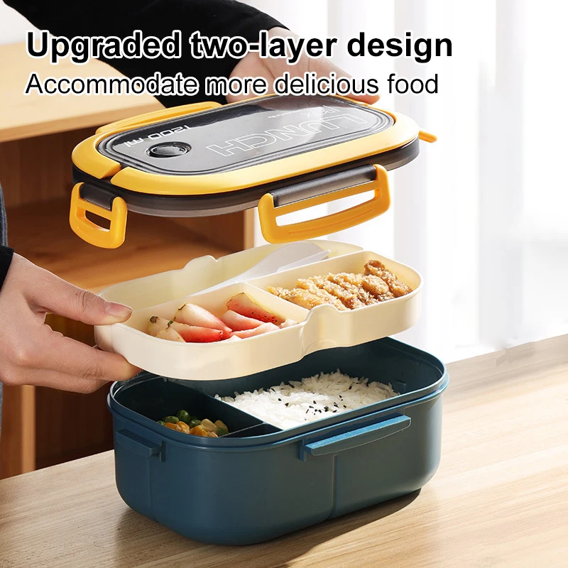 

Portable Hermetic Lunch Box 2 Layer Grid Children Student Bento Box With Fork Spoon Leakproof Microwavable Prevent Odor School