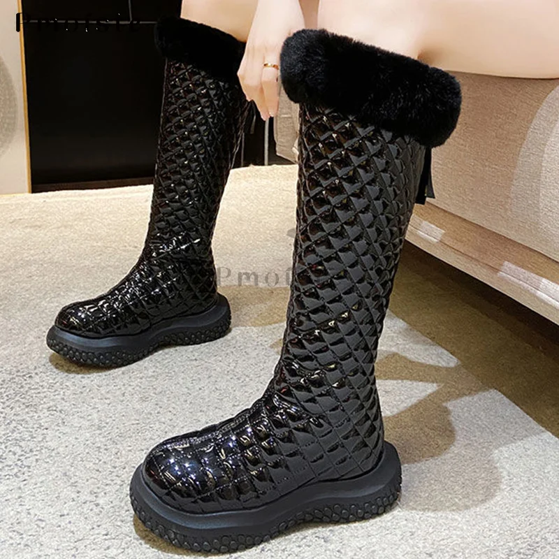 Women Knee High Boots White Gingham Fashion Thick-Sole Mid-Culf Boots for Female Sexy Warm Plush Slip On Women Short Boot Winter