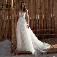 sodigne bohemian lace wedding dres v neck appliques tulle backless tulle women brides lady gowns robe de mariee sleeveless