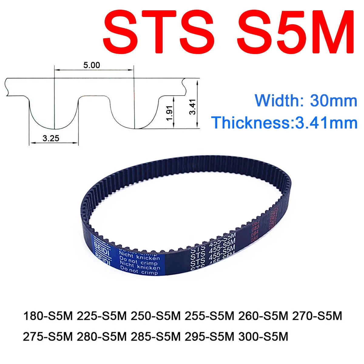 

1Pc Width 30mm S5M Rubber Arc Tooth Timing Belt Pitch Length 180 225 250 255 260 270 275 280 285 295 300mm Synchronous Belts