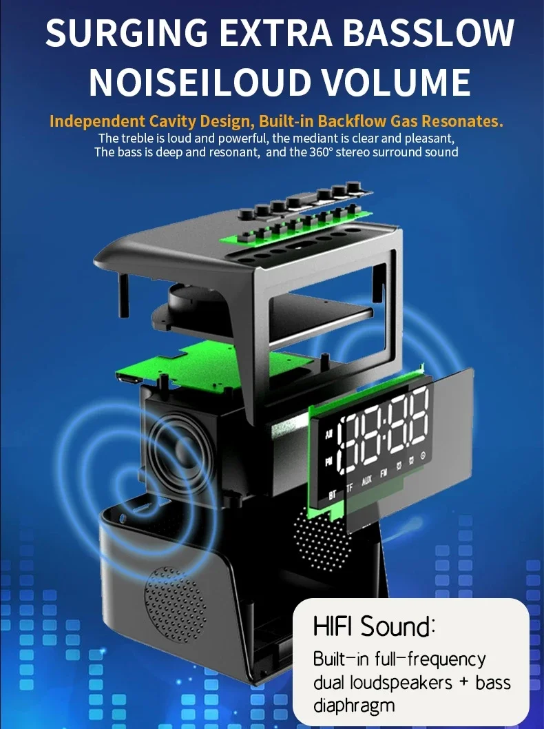 Горячая новинка двойной громкий динамик FM будильник Быстрая зарядка Bluetooth умный