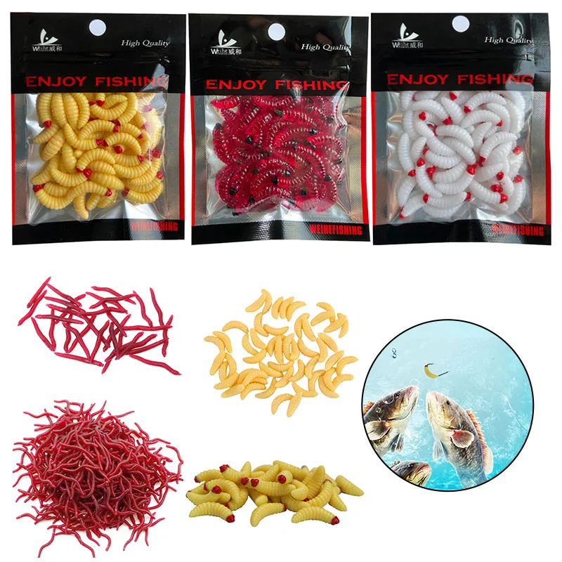 50/100pcs set 4cm Dark Red Fishing Lure Soft Maggot Earthworm Artficial Bait Bionic Worm Fishy Smell Fishing Tackle Pesca Iscas