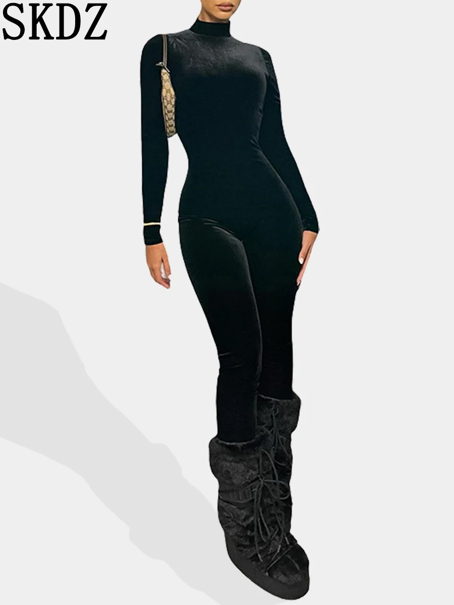 

Black Velvet Jumpsuit 2023 Winter New Sexy High Neck Tight Long Sleeve High Waist Pants