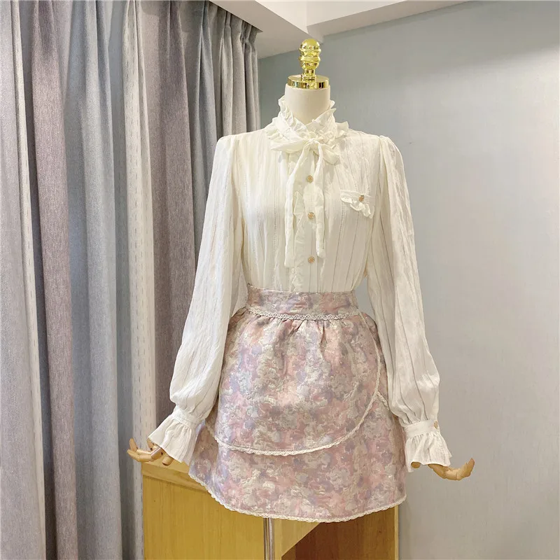 

French Court Celebrity Princess 2 Piece Skirt Sets Stand Collar Ruffles Shirt&Floral Print Mini Ball Gown Skirt 2pc Dress Suits