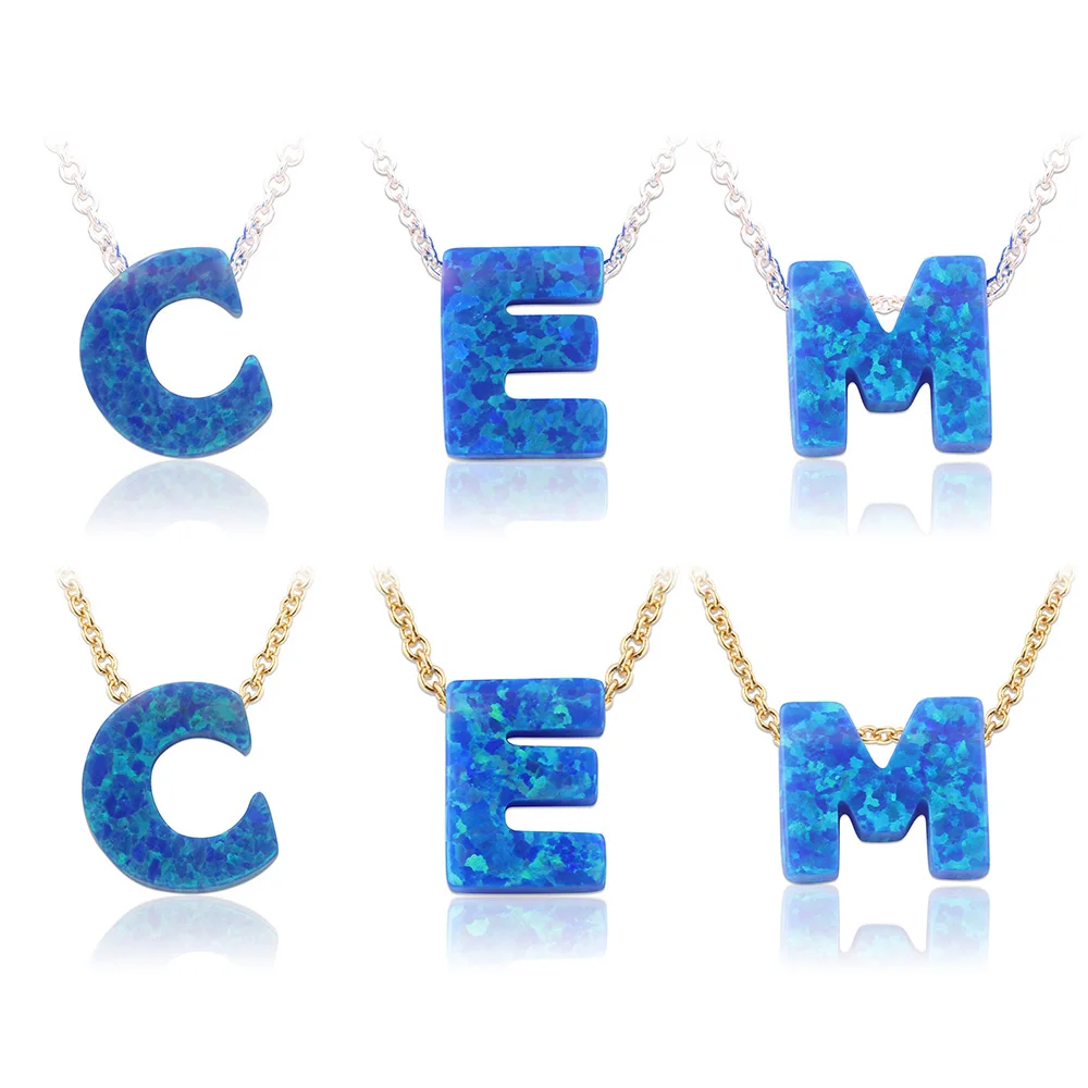 26 Letters Opal Necklace OP05 Blue Initial with Silver Plated Brass Chain |