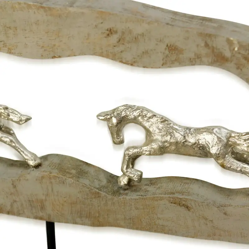 

Elegant Natural Carved Wood Table Top Accessory with Striking Pewter Painted Horses - A Perfect Home Decor Addition.