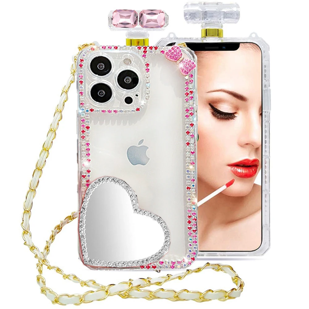 Красивый чехол из ТПУ с зеркалом для макияжа в форме сердца и бриллиантов iPhone 15 14