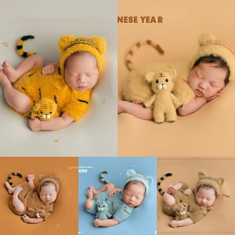 

Newborn Photography Costume Tiger Hat + Doll + Onesie 3-Piece Set Studio Photograph Props Boys And Girls Baby Photos Clothing