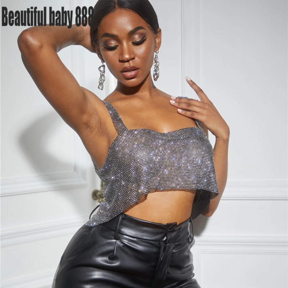 

Meqeiss Bling Rhinestones Party Crop Top 2022 Fashion Solid Backless Straps Full Diamonds Sequins Cami Cropped Top for Women